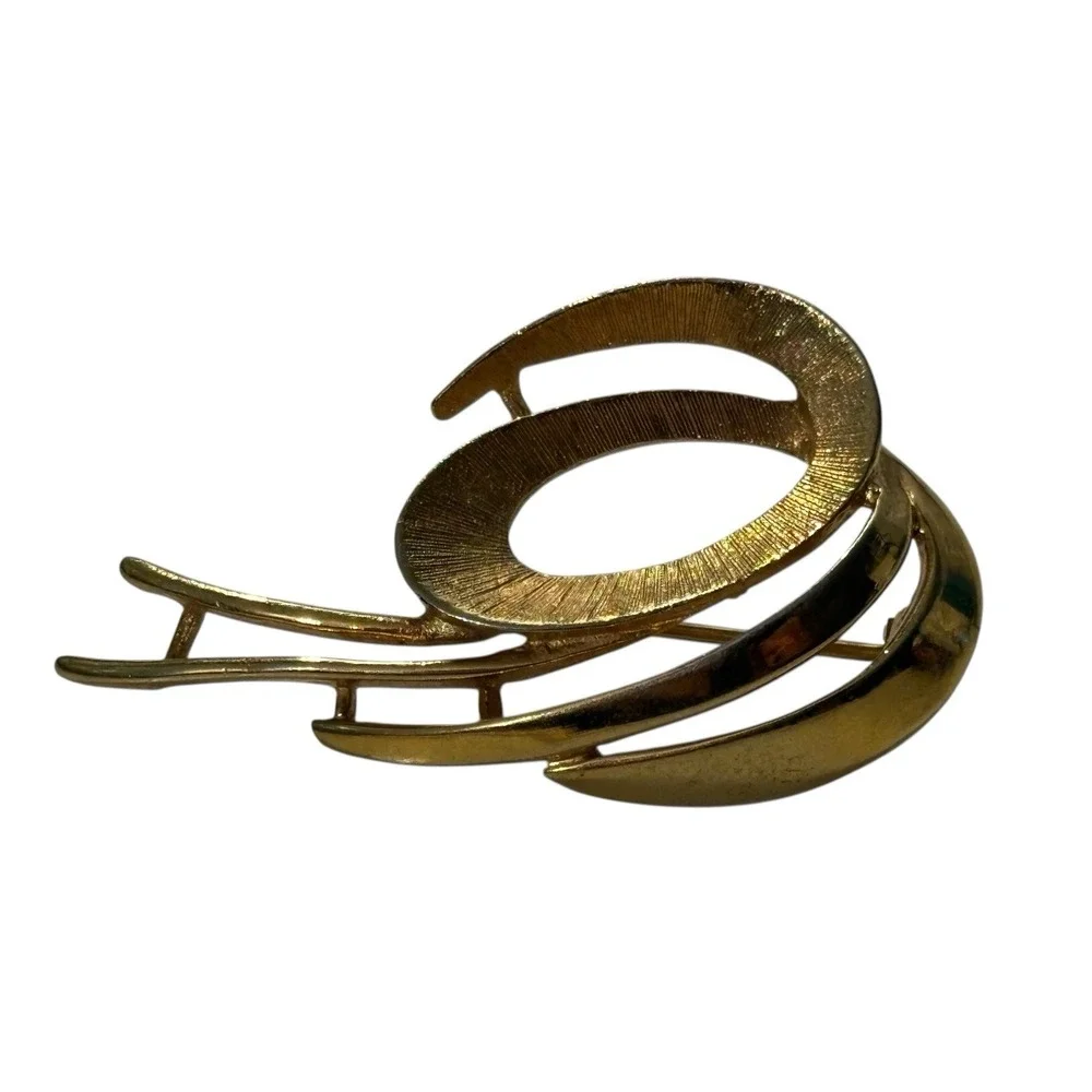 Vintage‎ Coro Brooch Pin Gold Tone Abstract Brushed Polished Swirl Modernist MCM